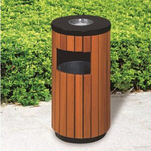 thùng rác gỗ tròn có gạt tàn
